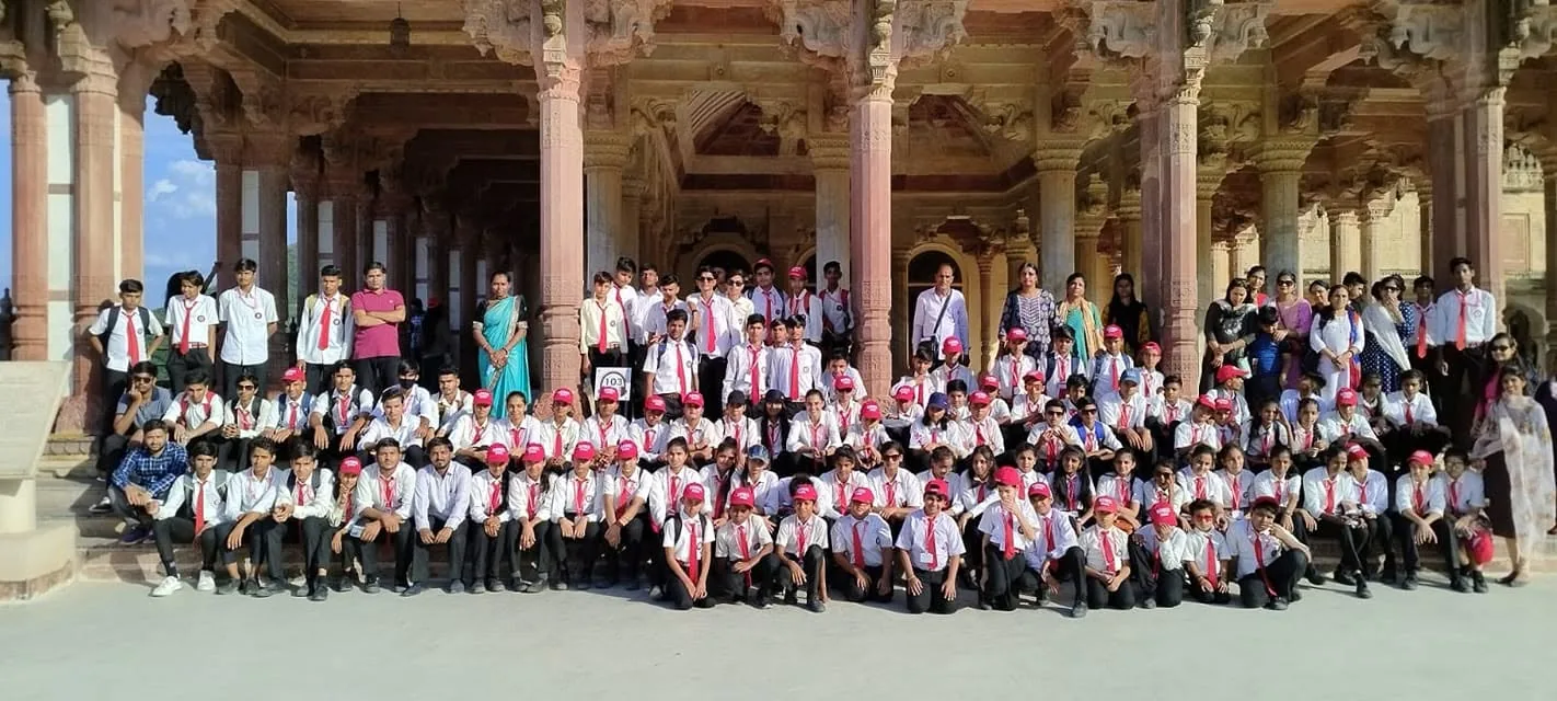 The senior classes in the colonnade of a Rajasthani haveli